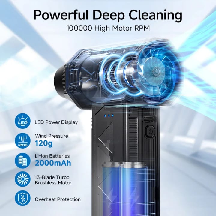 Mini Cordless Air Duster 100000RPM | High‑Pressure Brushless Motor 2‑in‑1 Blower & Vacuum